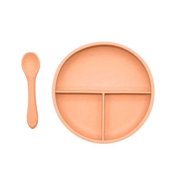 SILICONE DIVIDED PLATE & SPOON - PEACH