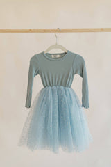 DUSTY BLUE DOTS - LONG SLEEVE TULLE DRESS