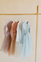 DUSTY BLUE DOTS - LONG SLEEVE TULLE DRESS
